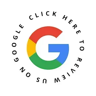 A colorful Google logo surrounded by the circular text: CLICK HERE TO REVIEW US ON GOOGLE.