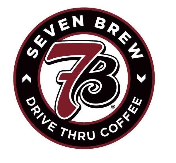 A circular logo for 7 Brew Drive Thru Coffee featuring a red 