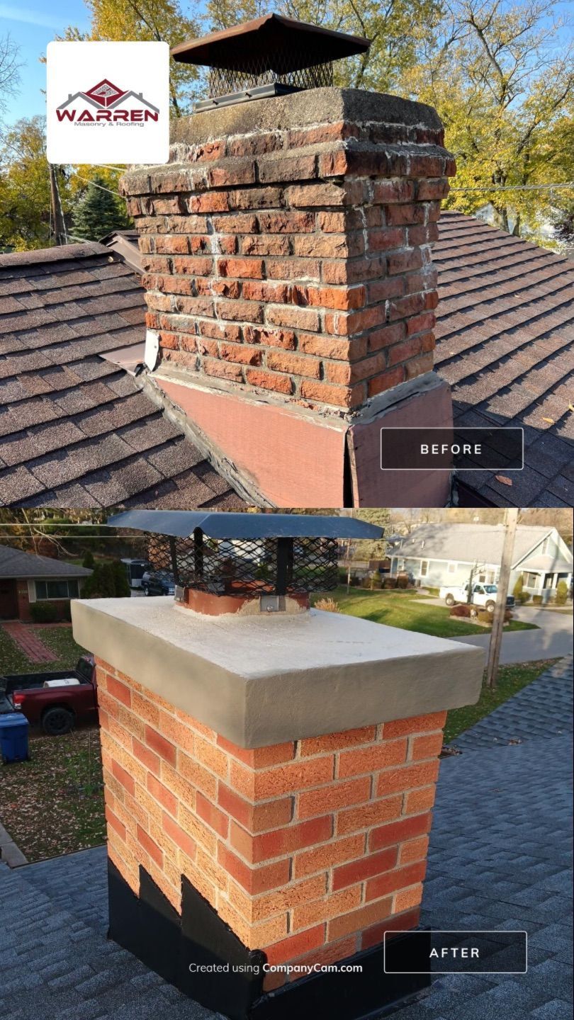 Before and after photo of a brick chimney repair on a residential roof, showing brick replacement and a new concrete cap.
