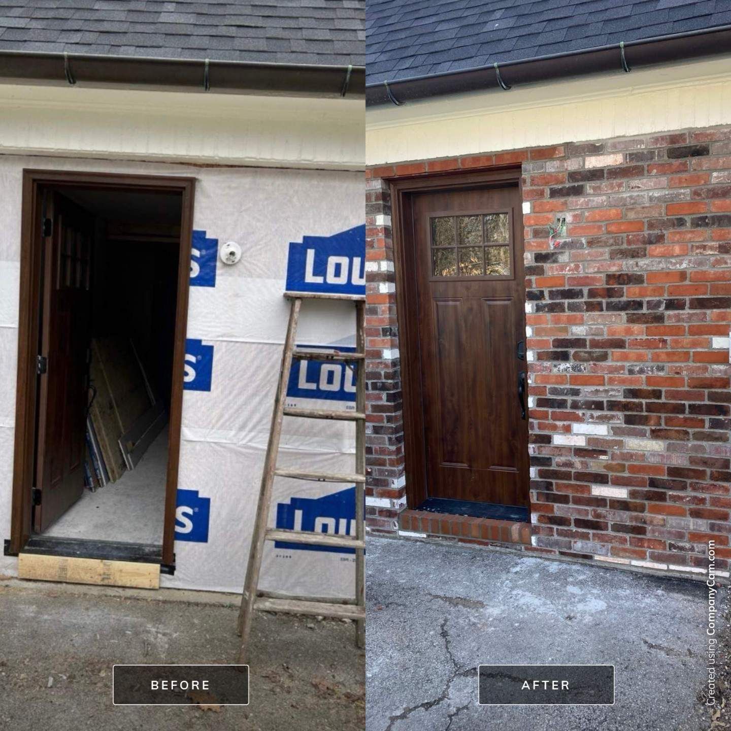 A split view showing a home exterior under construction with a door in a Lowe's-branded wrap versus the finished brick wall.