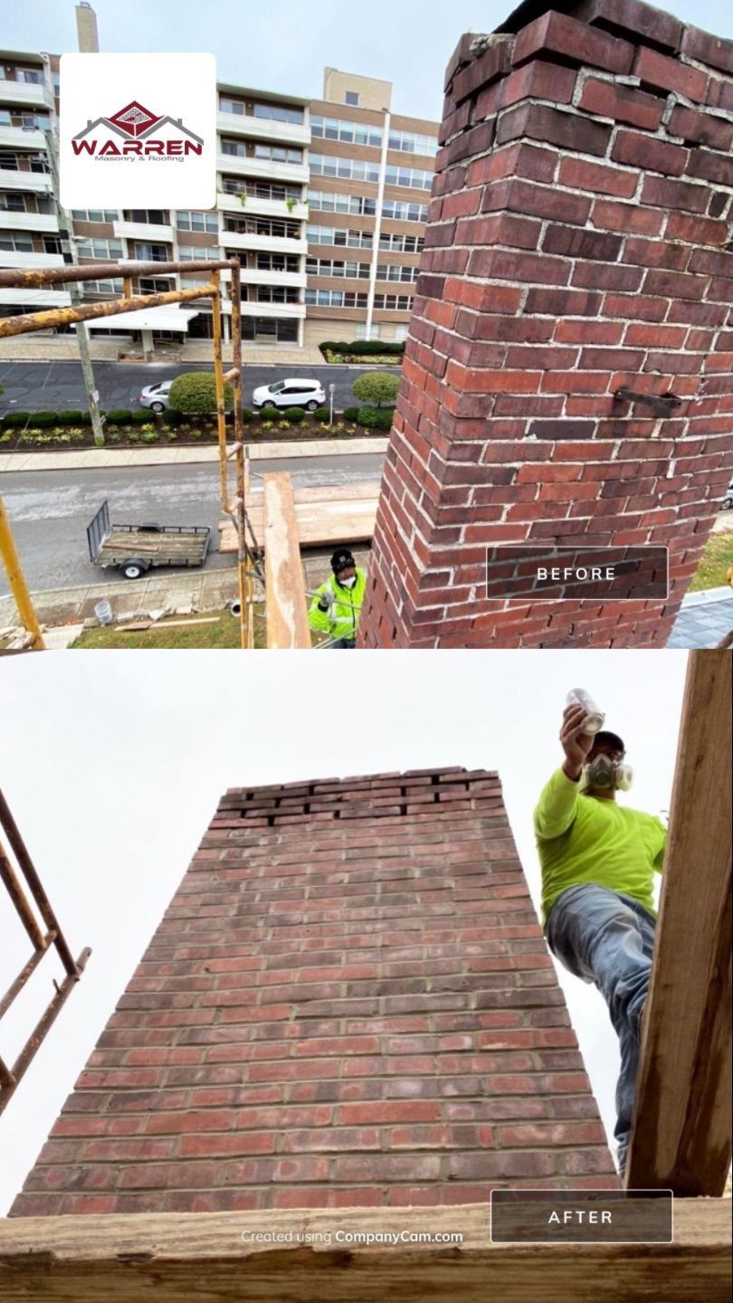 A split-screen comparison showing a brick chimney before and after restoration work by a worker on scaffolding.