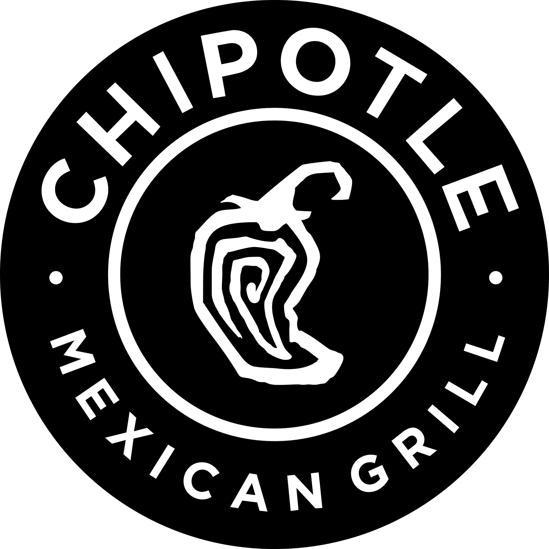 Chipotle Mexican Grill logo: a stylized white pepper icon inside a black circular border with text.