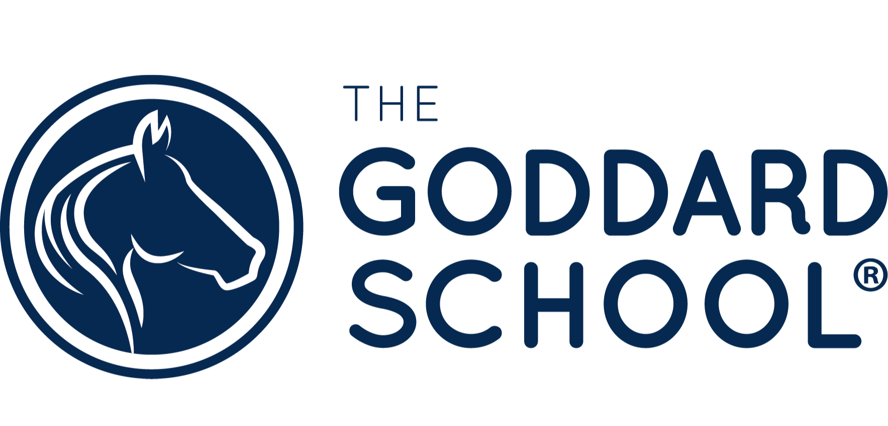The Goddard School logo: a dark blue circle containing a white horse head profile next to the brand name in dark blue text.