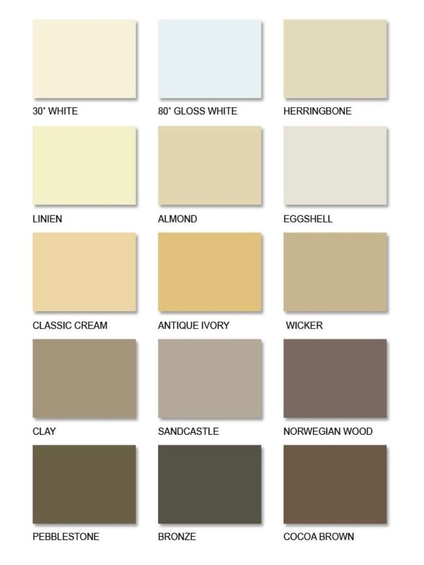 A color palette grid showing fifteen square samples of neutral paint colors, each labeled with its name underneath.