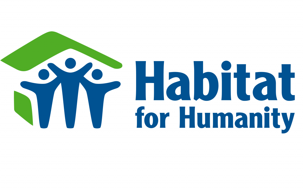 Habitat for Humanity logo: three blue human figures with raised arms under a green roof icon, next to blue text.