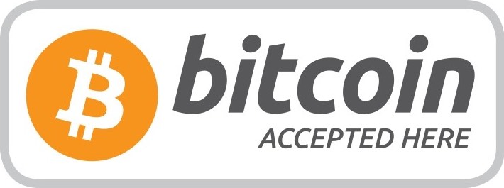Orange Bitcoin logo with “bitcoin accepted here” text on a white sign