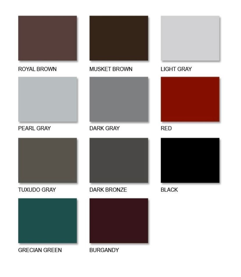 Color swatches in brown, gray, red, green, black, bronze, and burgundy tones.