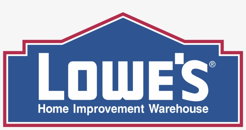Lowe’s logo in blue, white, and red, with “Home Improvement Warehouse” tagline