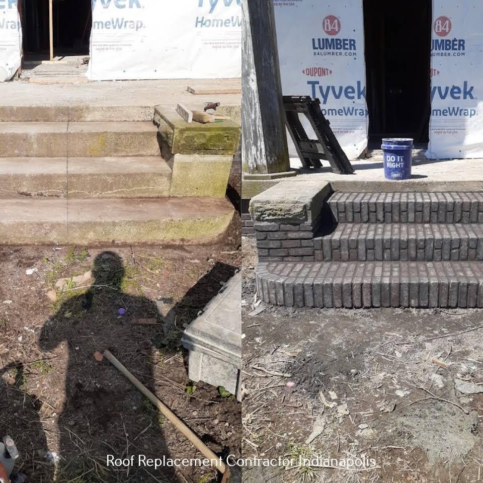 Before and after photo of front steps being renovated with new brick facing at a construction site.